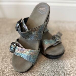 Dansko Sophie Silver Metallic Slide Sandals with Buckle